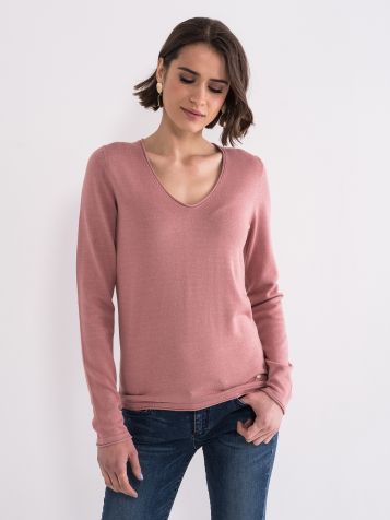 Ženski džemper V izreza puder roze